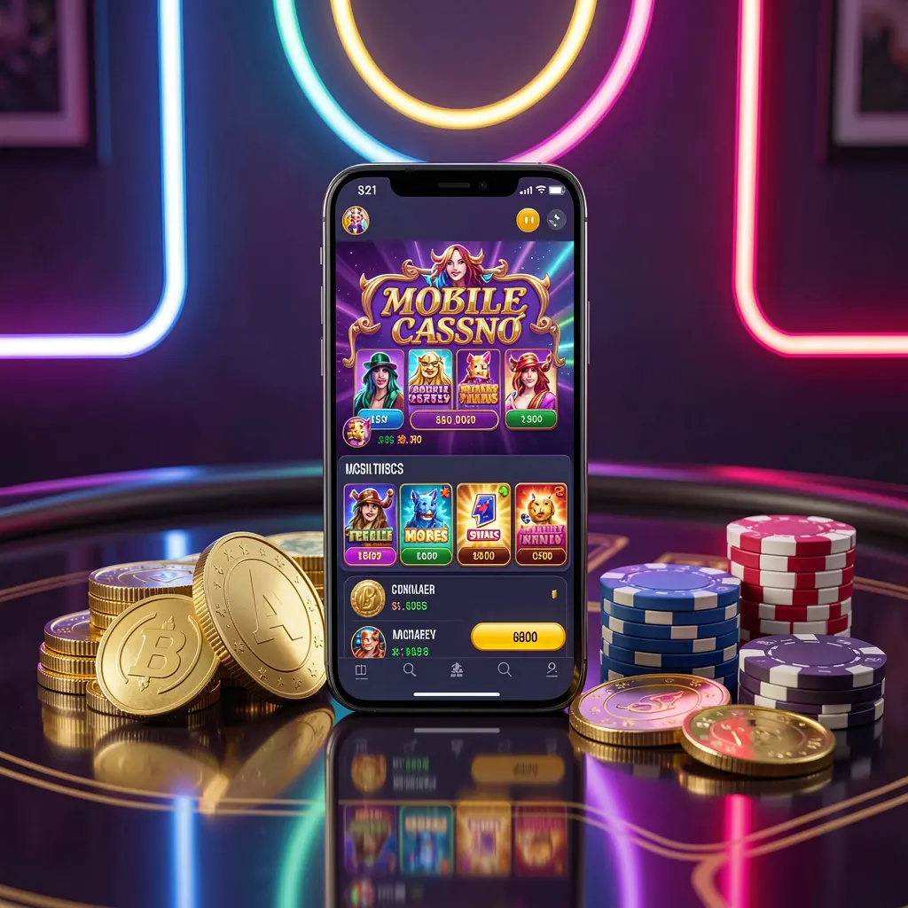 DADA 8 mobile casino dashboard on smartphone displaying colorful gaming interface with golden coins and poker chips on a glossy table under elegant neon lighting
