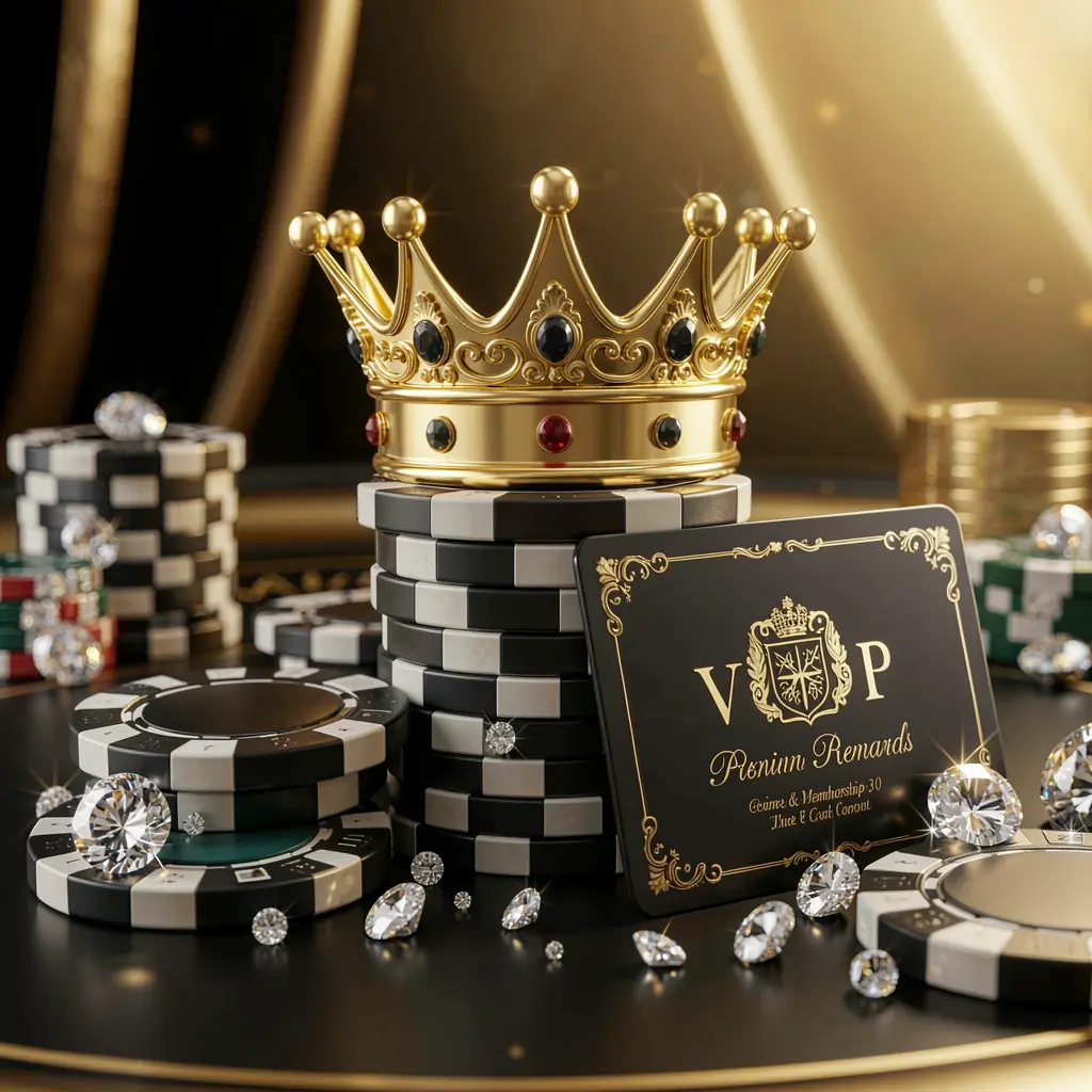 Elegant golden crown placed on top of poker chips with sparkling diamonds and a premium membership card against a luxury black and gold background, showcasing the exclusive high-end casino atmosphere of DADA 8 VIP rewards