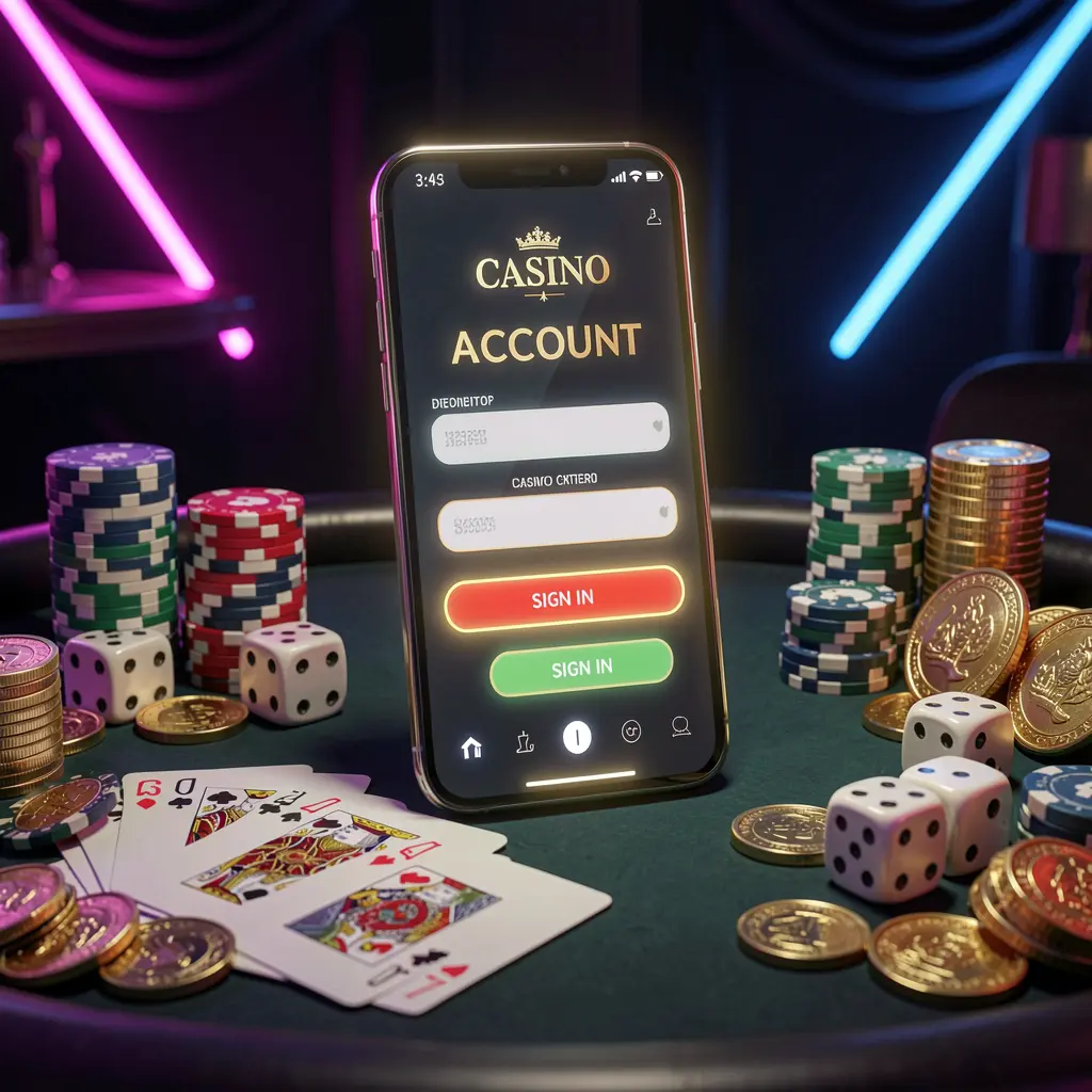 DADA 8 casino account sign in scene with a glowing smartphone on a casino table surrounded by cards, chips, dice, and gold coins, set against an elegant dark background with neon highlights in a realistic 3D render