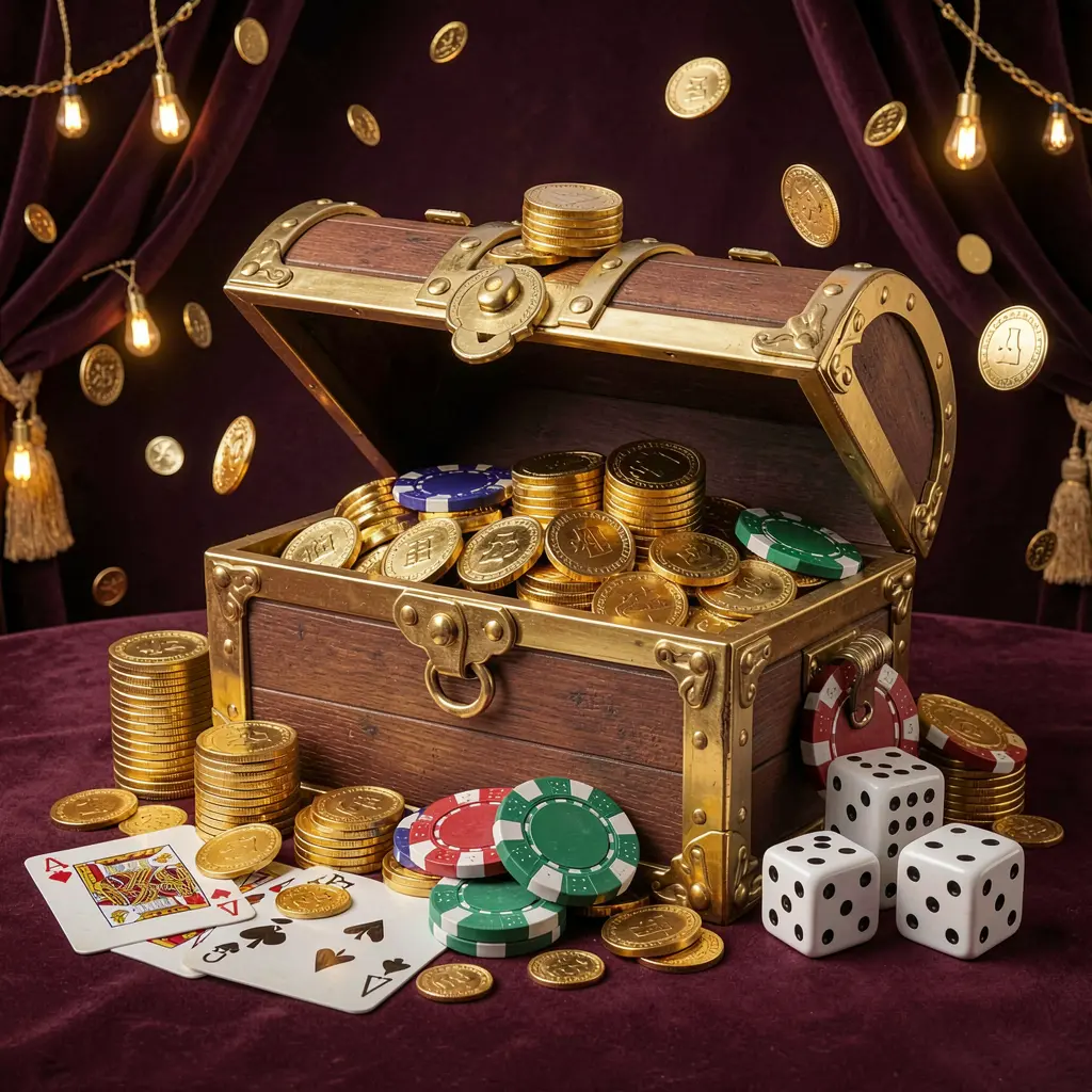 DADA 8 online casino welcome banner featuring a treasure chest filled with golden coins and casino chips, playing cards and dice nearby against a dark luxury background with a festive premium atmosphere